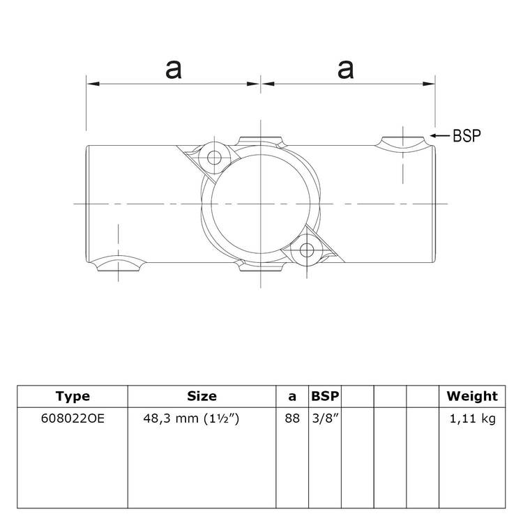 Buiskoppeling Open klapbaar kruisstuk in 1 vlak-E / 48,3 mm